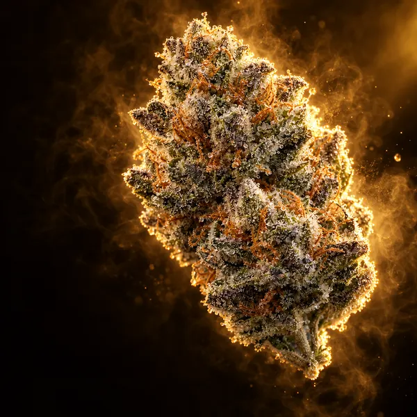 Frosted cannabis bud under golden light, frozen right after harvest