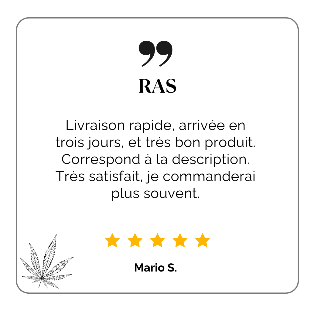 Avis client 2 communauté CBD SPLIFF "Livraison rapide, arrivée en trois jours, et très bon produit. Correspond à la description. Très satisfait, je commanderai plus souvent."