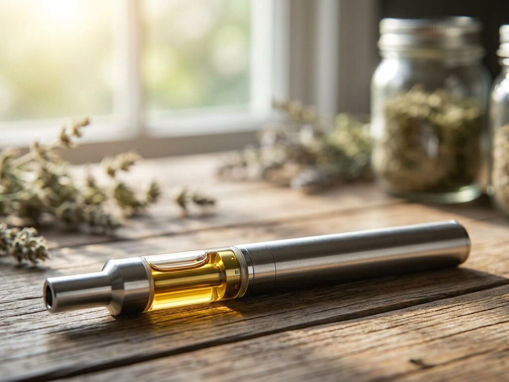 thc vape — plan d'ouverture éditorial, sujet net au premier plan, profondeur de champ courte, lumière naturelle rasante, fond contextuel discret