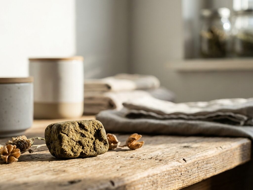 A small jar of pale sandy static hash tipped onto baking parchment under a torch beam