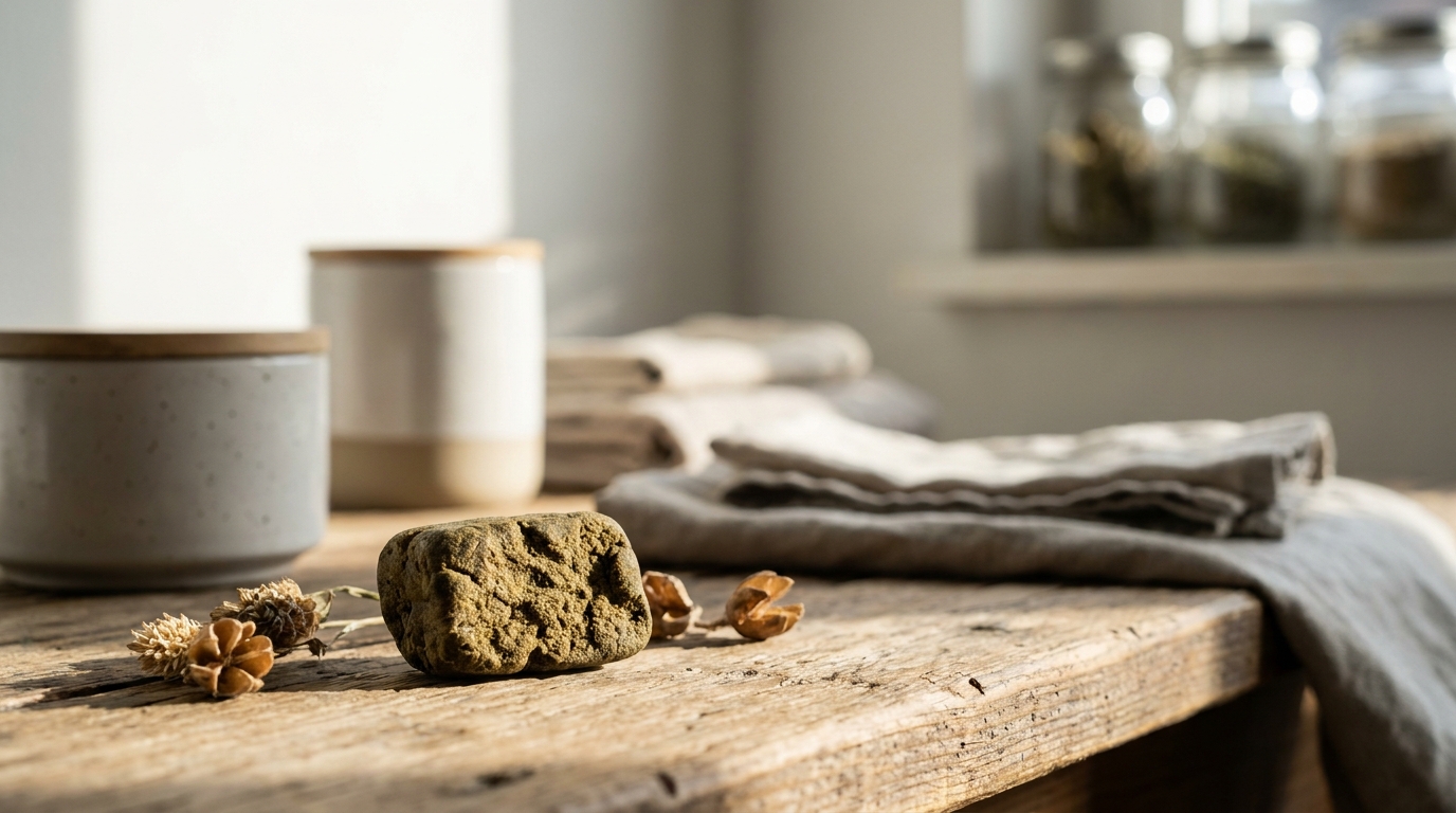 A small jar of pale sandy static hash tipped onto baking parchment under a torch beam