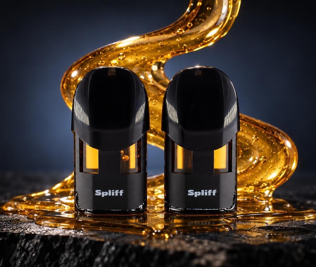 Two black cylindrical pods with golden liquid inside, surrounded by splashing amber-colored liquid, 420 Meaning context