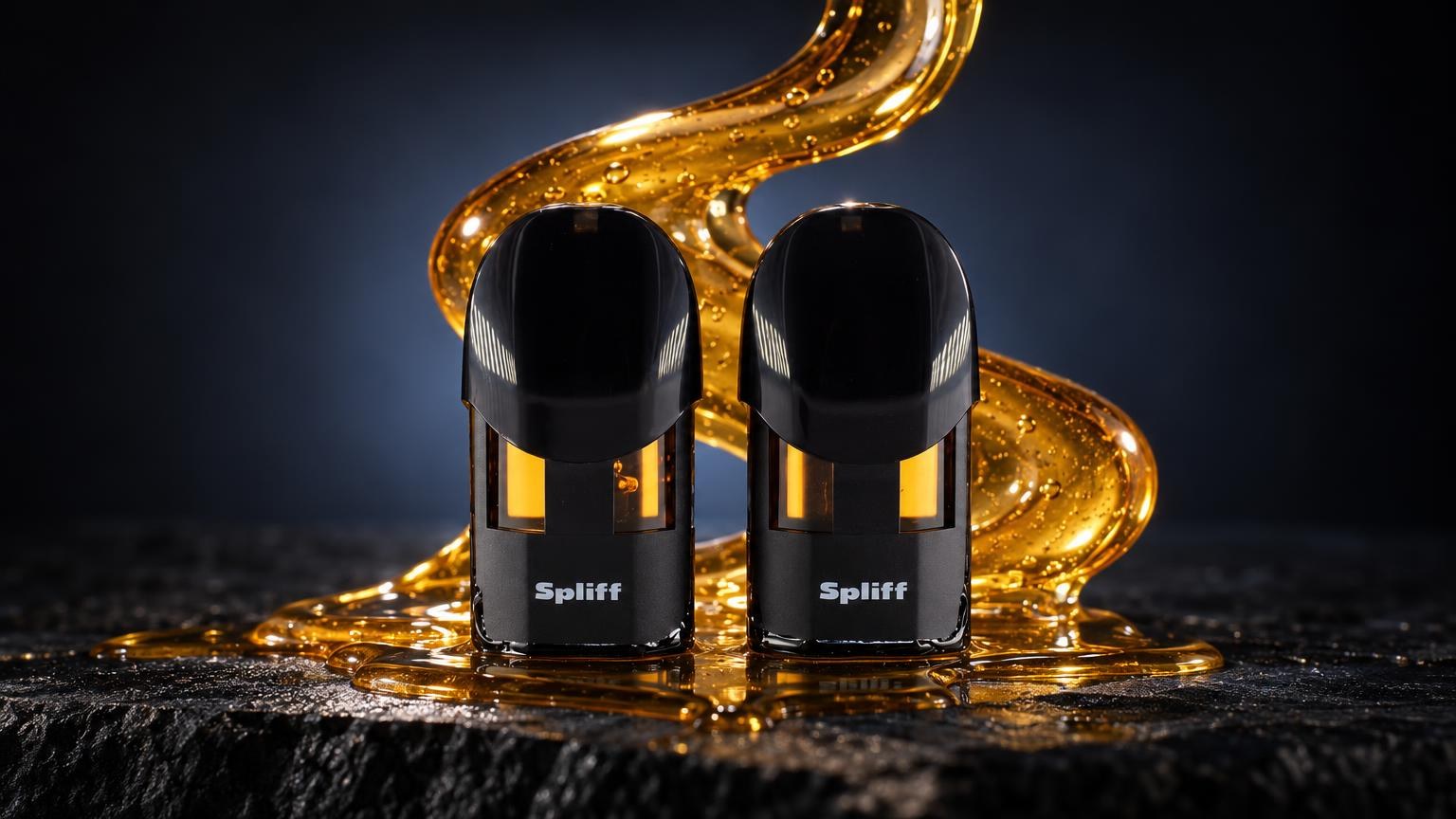 Two black cylindrical pods with golden liquid inside, surrounded by splashing amber-colored liquid, 420 Meaning context