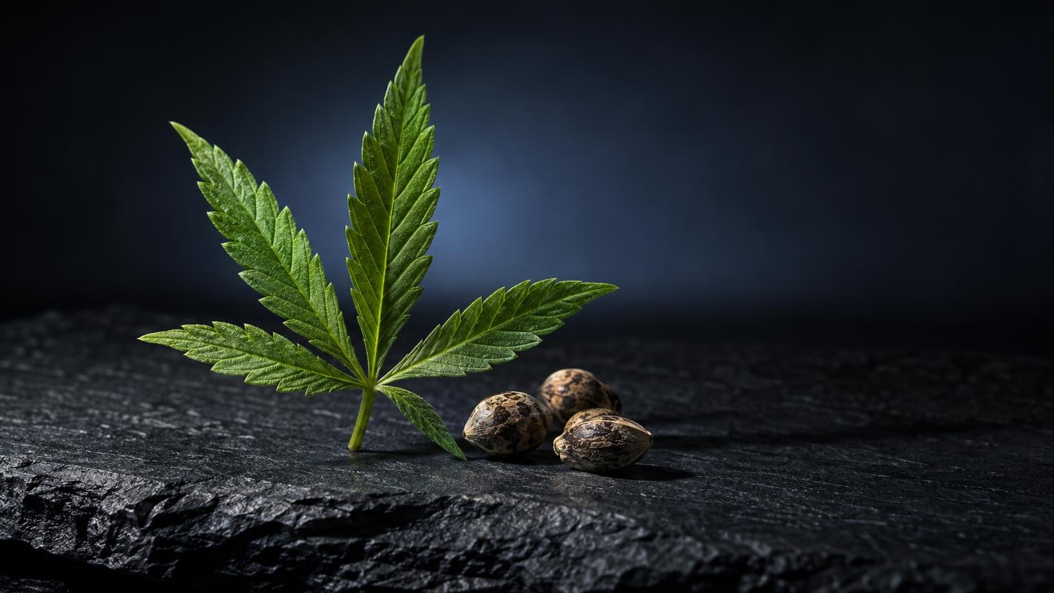 Cannabis leaf with serrated green leaflets next to brown seeds on dark textured surface, symbolizing 420 Meaning origins