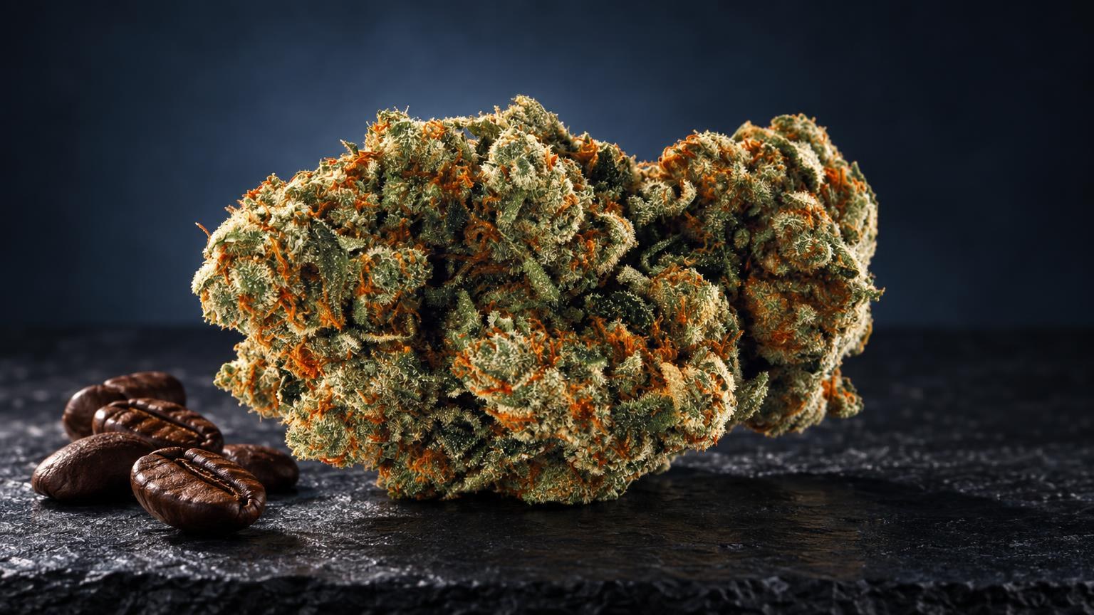 Amnesia Haze Strain: dense, chunky Amnesia buds with golden and orange hairs against dark background; cannabis strain article