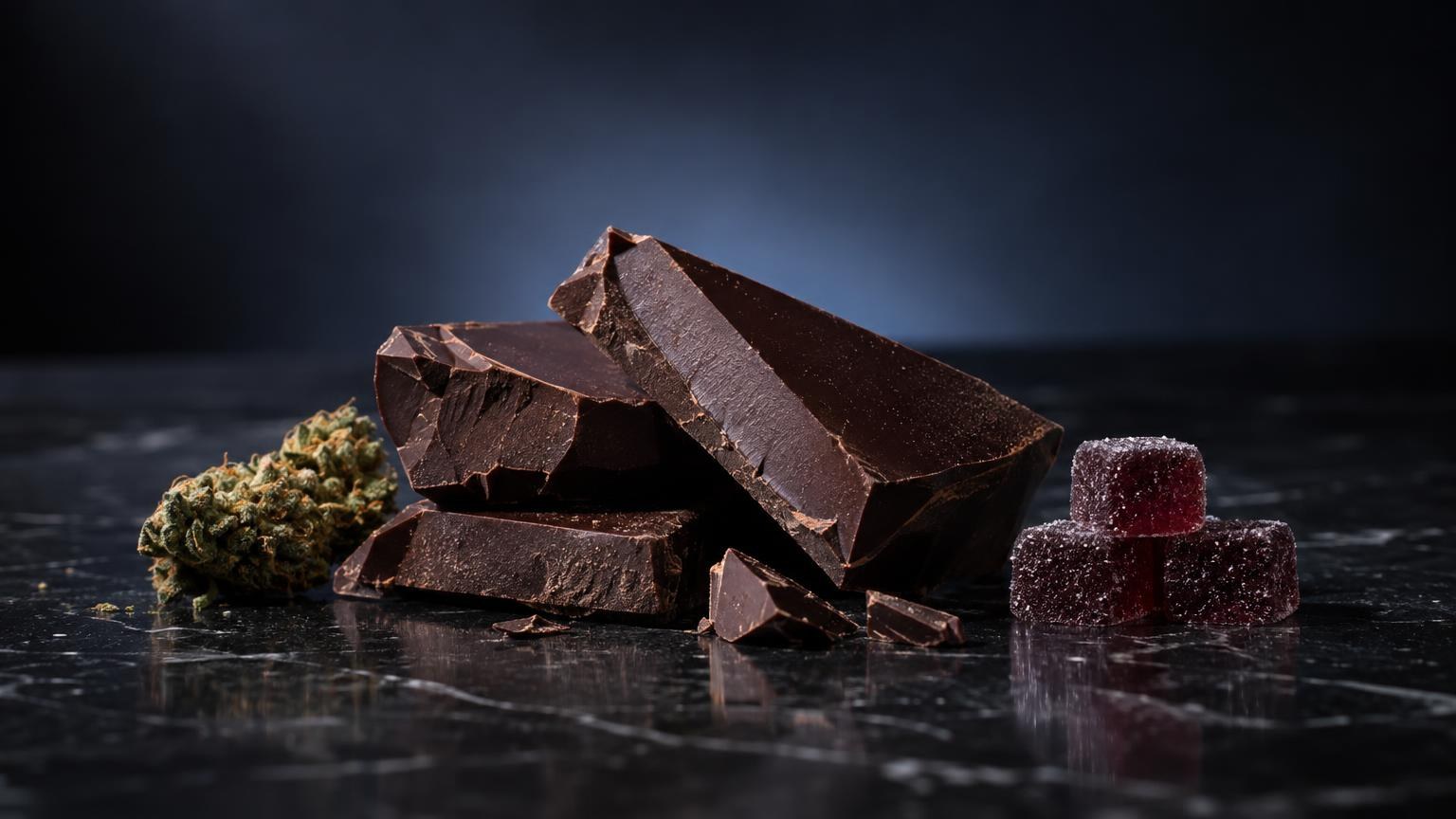 Dark chocolate pieces and red gummies on black surface with hemp flower, representing Best CBD Gummies product formats