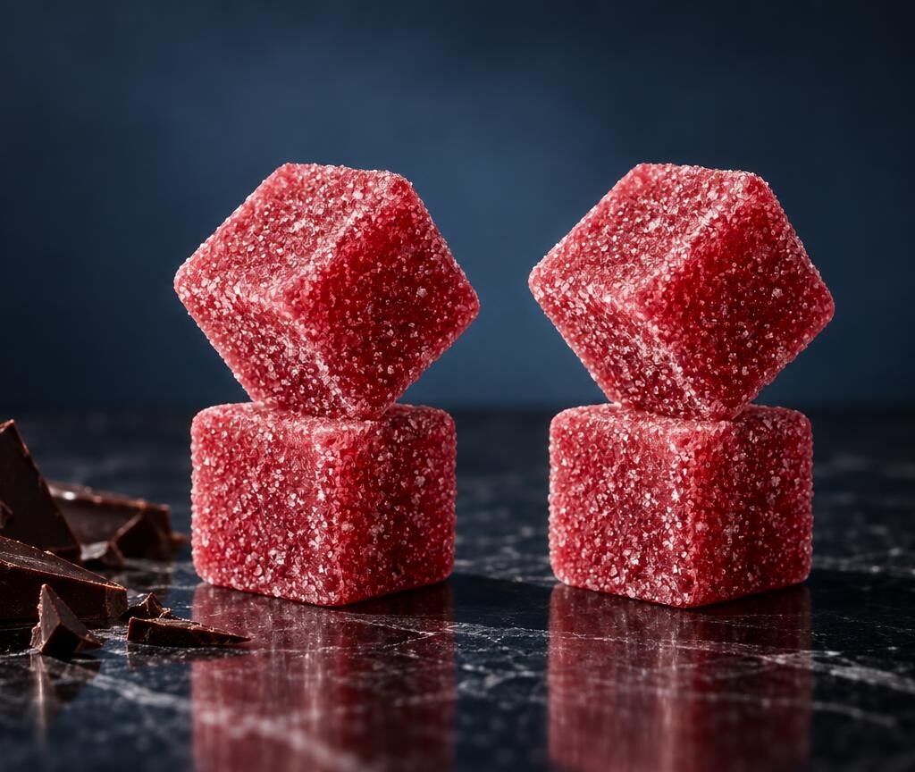 Blunt spliff: two stacked red sugar-coated cube candies next to dark chocolate pieces on a slate surface