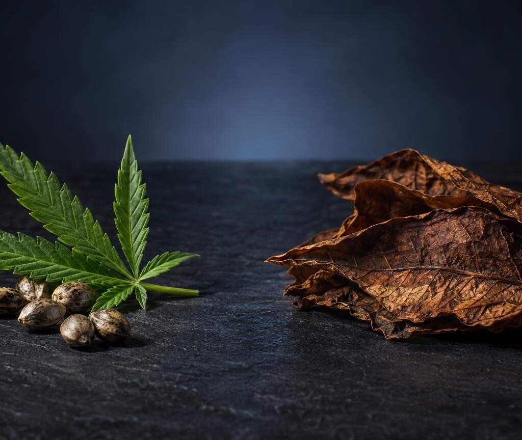 Green cannabis leaf with seeds next to dried tobacco leaf on dark surface, introducing wrap material comparison
