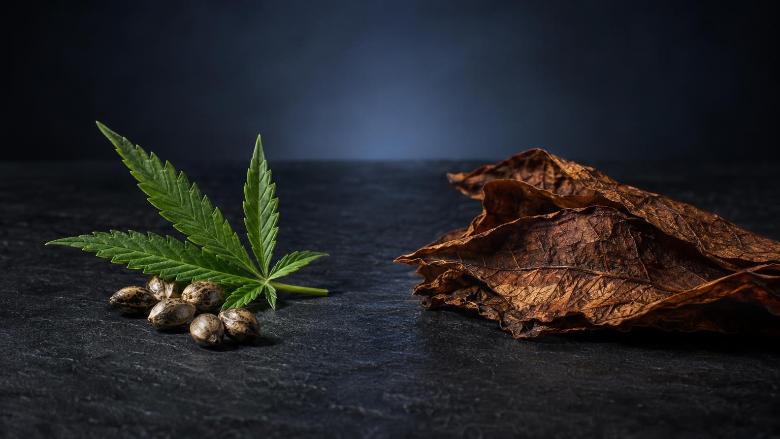 Blunt Wraps: green cannabis leaf with seeds next to dried tobacco leaf on dark surface, introducing wrap material comparison