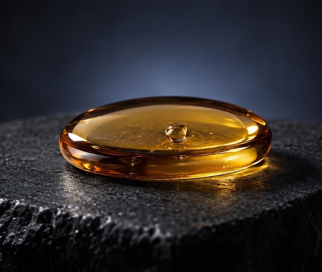 Golden amber liquid capsule on dark textured stone surface, representing cannabinoids vape product composition