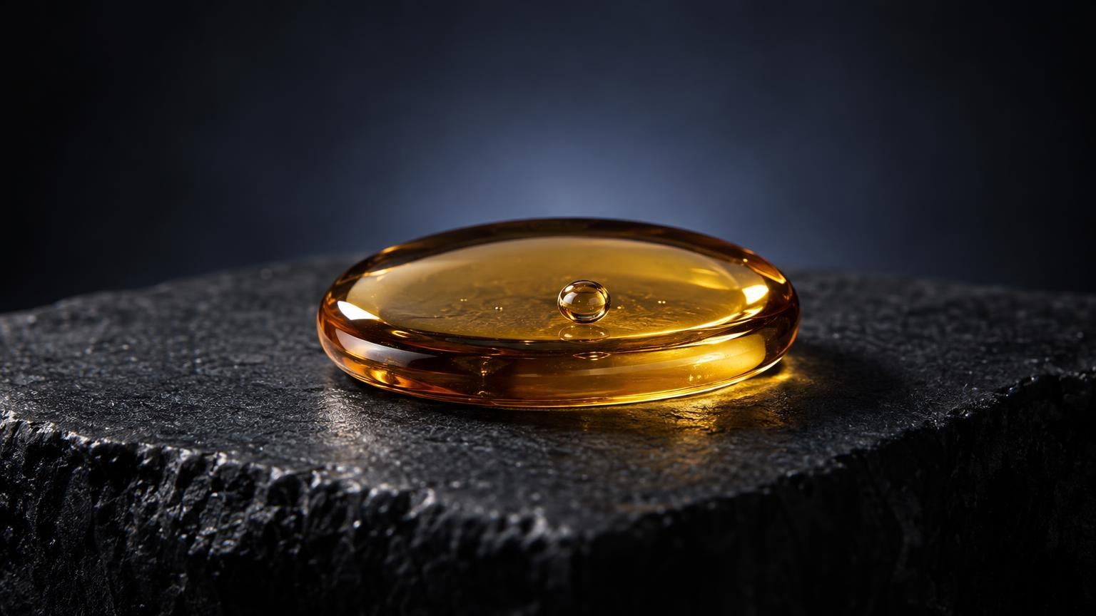 Golden amber liquid capsule on dark textured stone surface, representing cannabinoids vape product composition