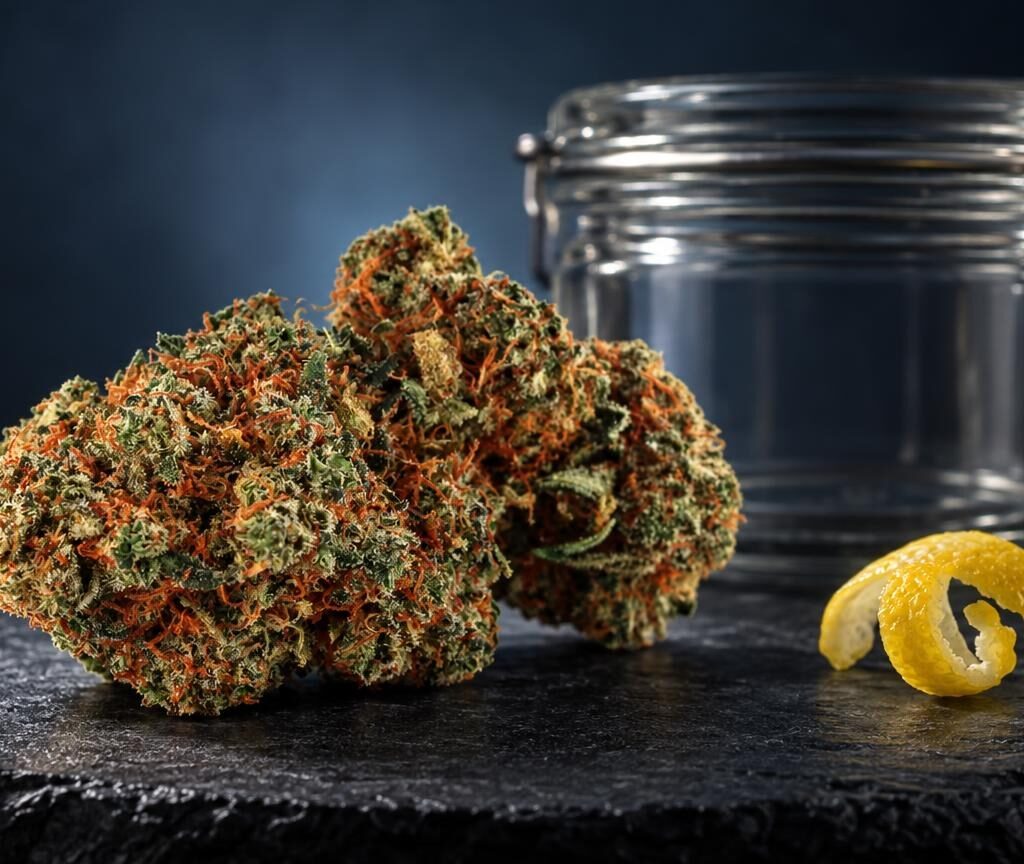 Super Lemon Haze cannabis flower with dense, orange-tinted buds next to a glass jar and lemon peel