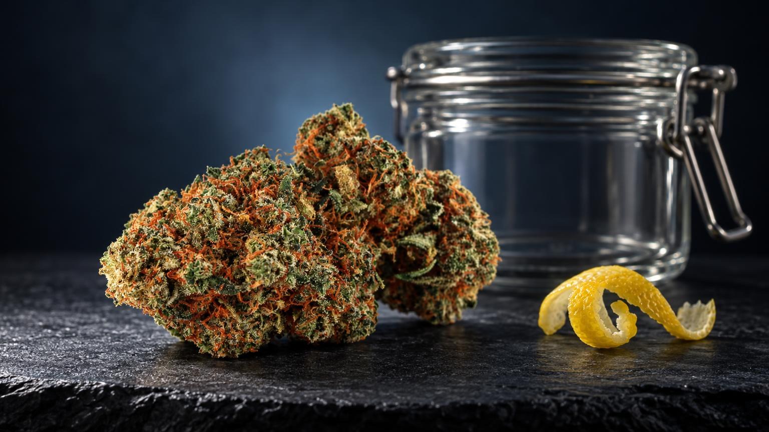 Super Lemon Haze cannabis flower with dense, orange-tinted buds next to a glass jar and lemon peel