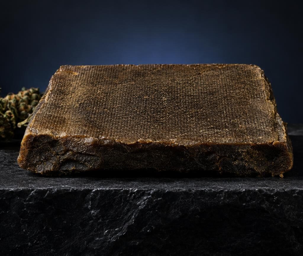 Brown compressed brick of Cannabis Resin on black stone with plant material, illustrating concentrated cannabis extract forms