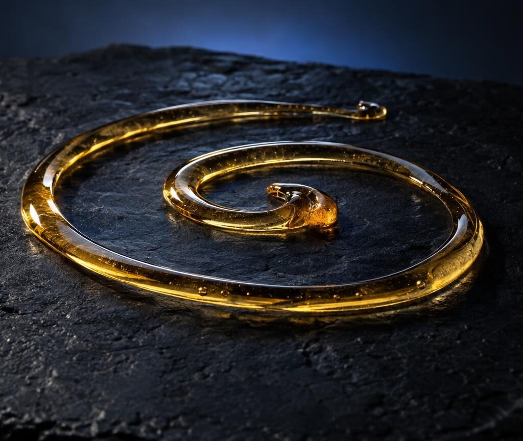 Golden translucent liquid arranged in spiral pattern on dark slate surface, representing Cannabis Vape Juice composition