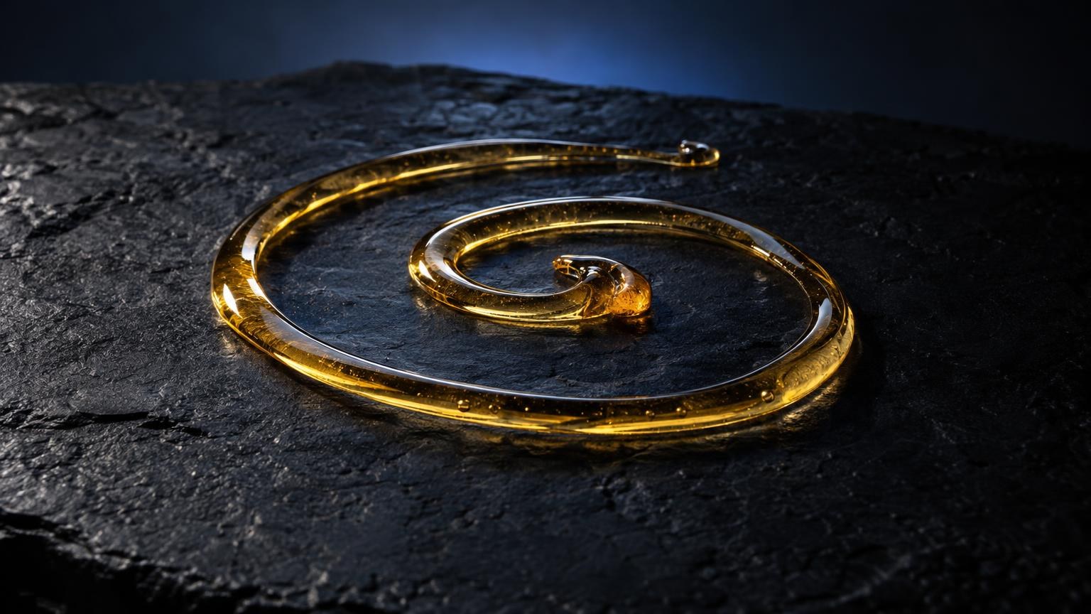 Golden translucent liquid arranged in spiral pattern on dark slate surface, representing Cannabis Vape Juice composition