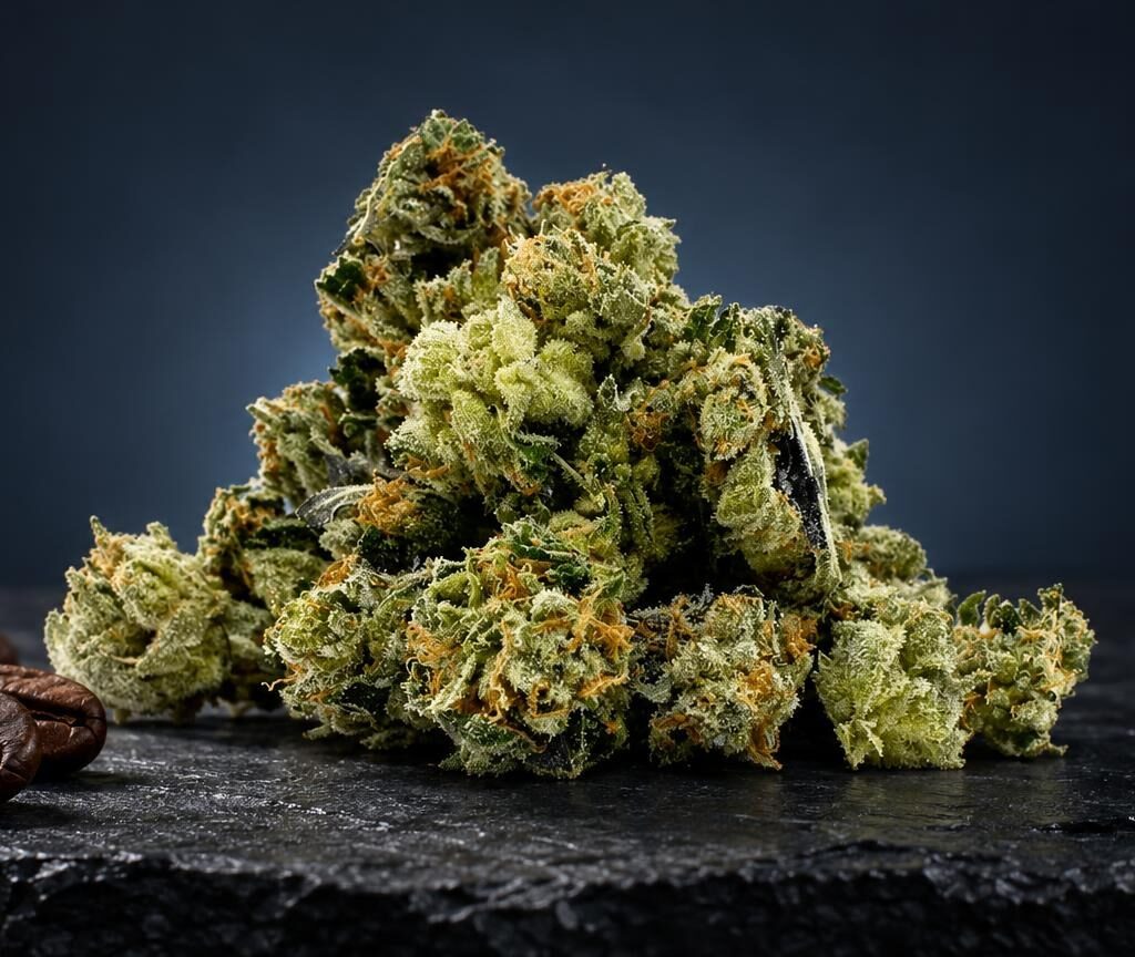 Dense CBD Bud with pale green and golden tones, compact flower structure displayed on dark surface