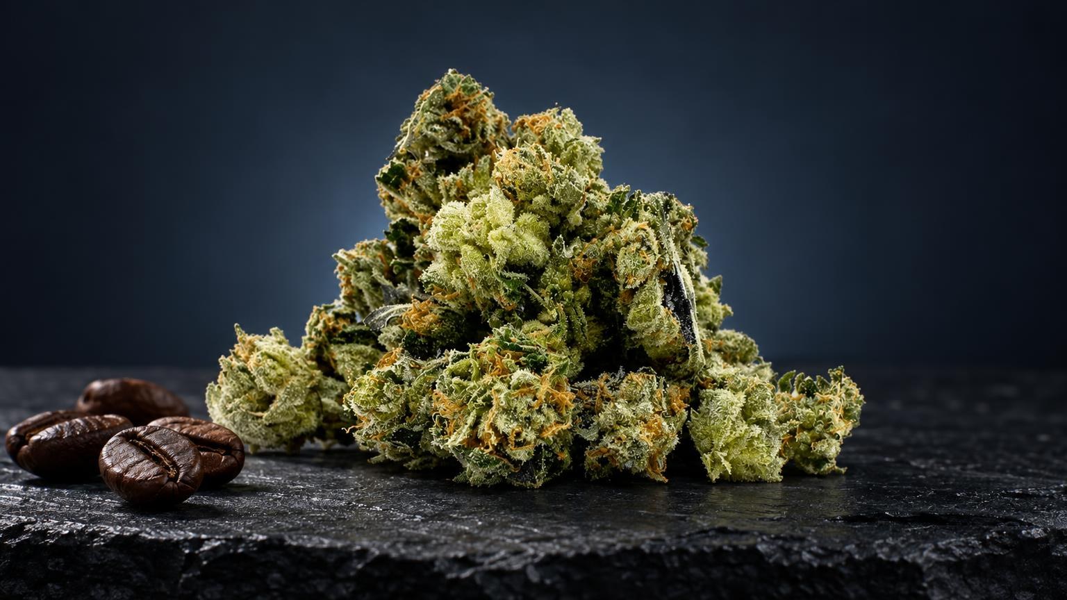 Dense CBD Bud with pale green and golden tones, compact flower structure displayed on dark surface