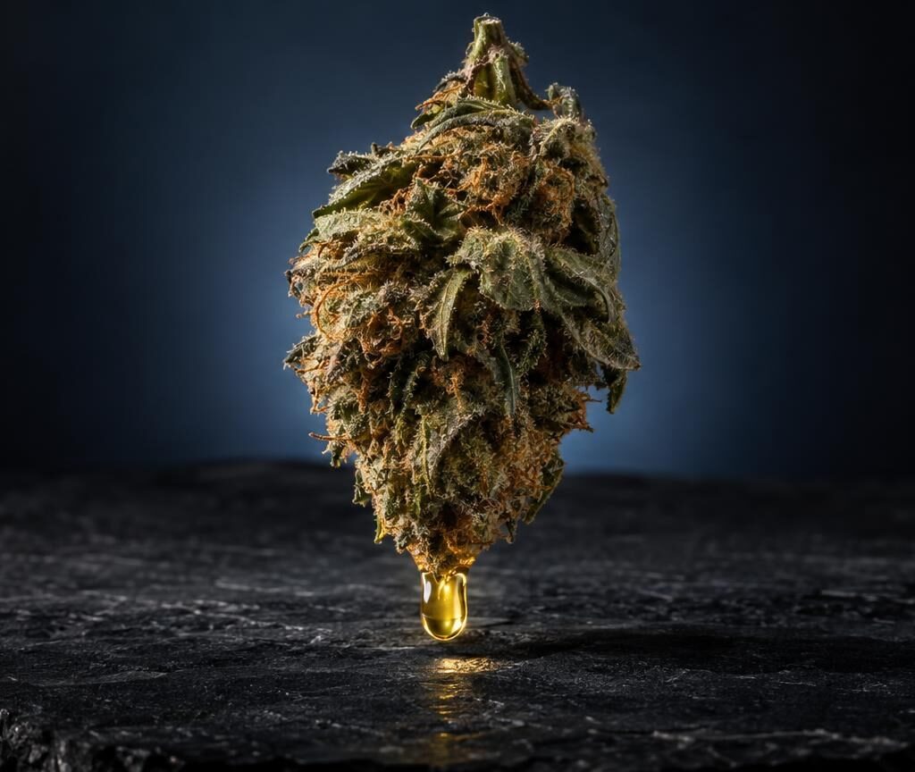 Cannabis flower bud with golden oil droplet, against dark background