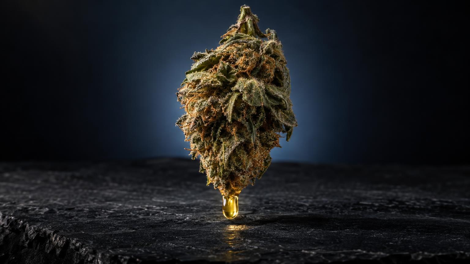 Cannabis flower bud with golden oil droplet, against dark background