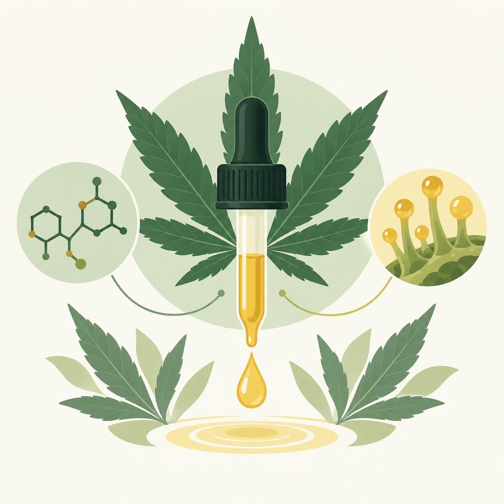 Dropper bottle with golden liquid suspended above cannabis leaves, flanked by molecular structure and botanical elements