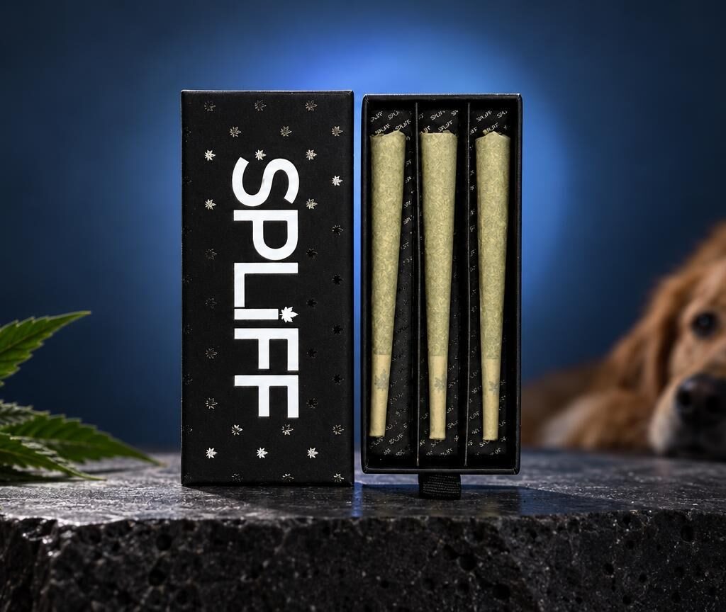 Box of 3 CBD Pre-Rolled Joints – Amnesia with tan cylindrical joints visible, cannabis leaf, and dog in background