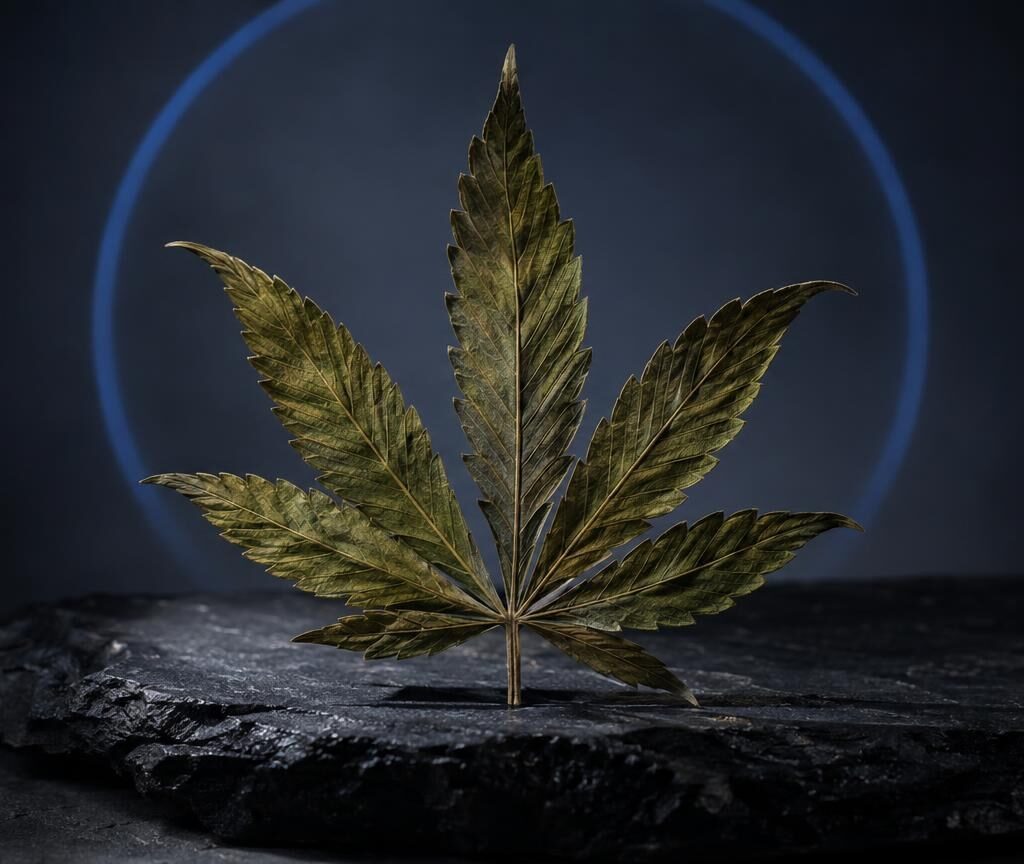 Golden cannabis leaf on dark stone with blue circular light, representing CBD plant origin and composition