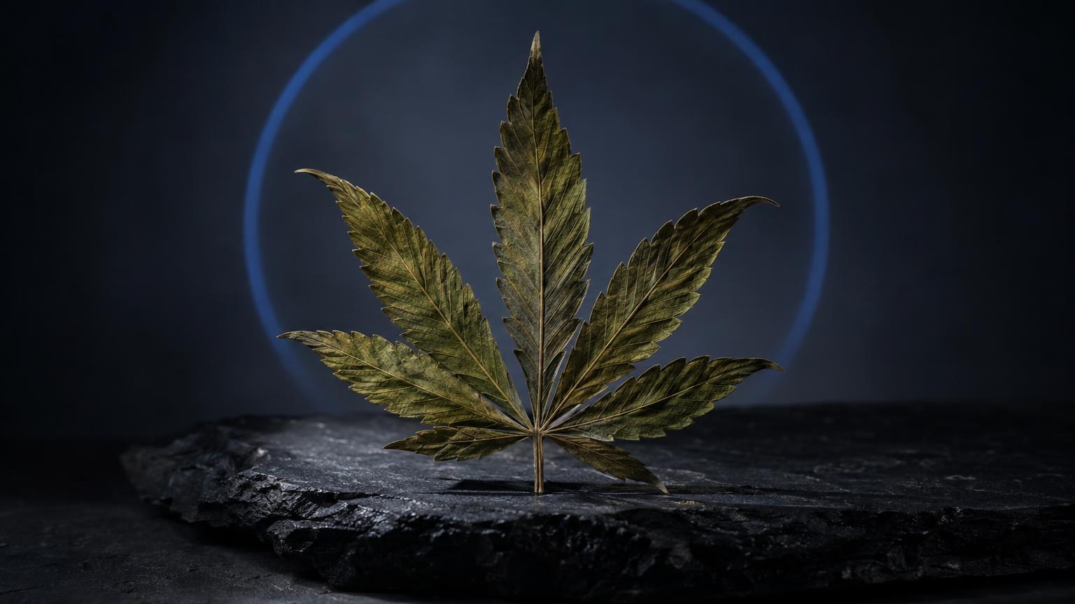 CBD Trip: golden cannabis leaf on dark stone with blue circular light, representing CBD plant origin and composition