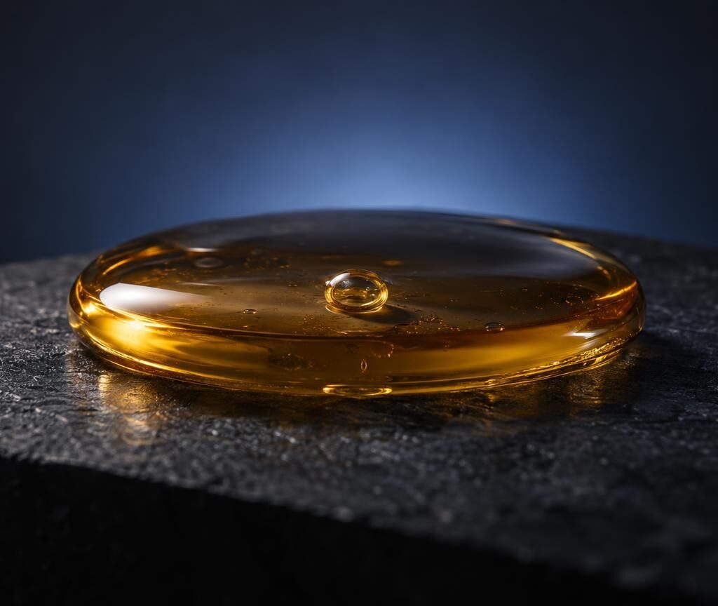 Golden liquid drop on dark textured surface, showcasing CBD Vape Juice consistency and appearance