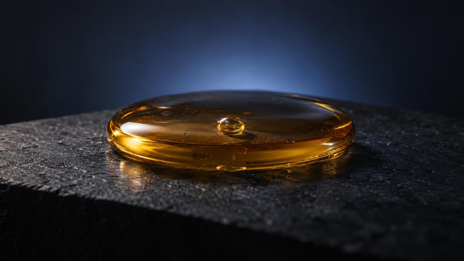 Golden liquid drop on dark textured surface, showcasing CBD Vape Juice consistency and appearance