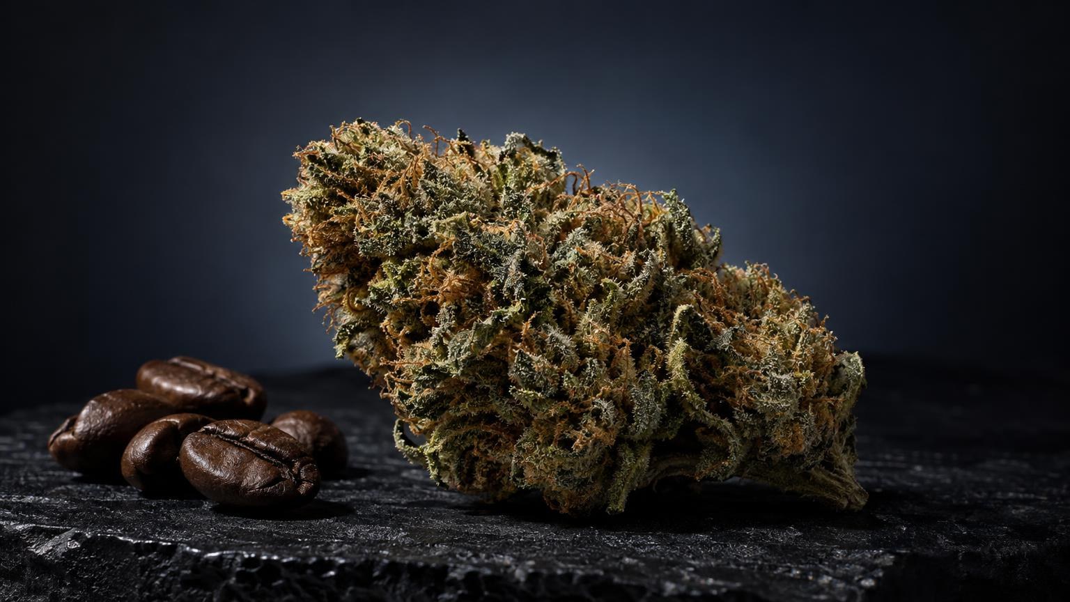 Dense, trichome-covered cannabis flower bud with golden-brown tones next to dried coffee beans on dark surface