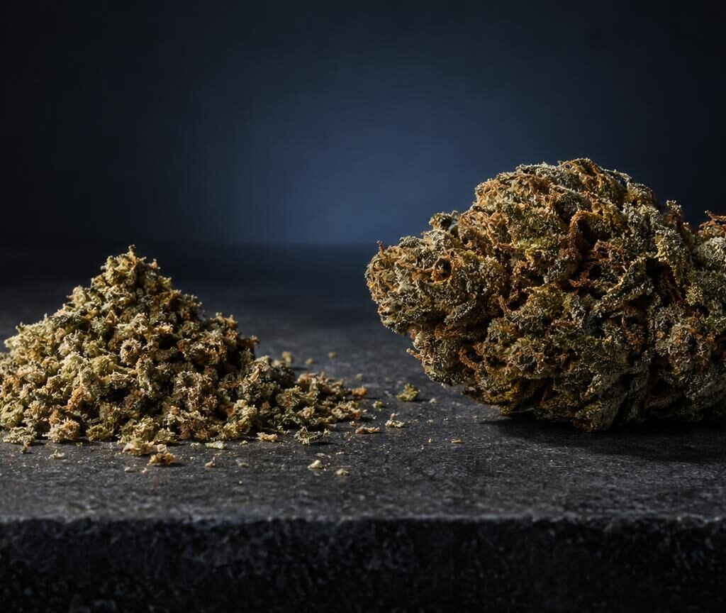 Ground flower material and dense flower bud on dark surface, showing different textures for vaporizer heating methods