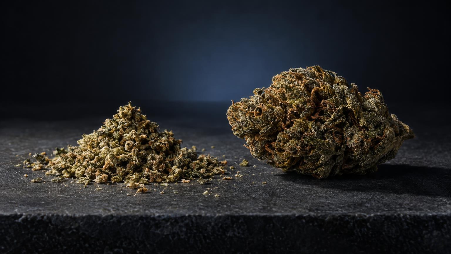 Ground flower material and dense flower bud on dark surface, showing different textures for vaporizer heating methods