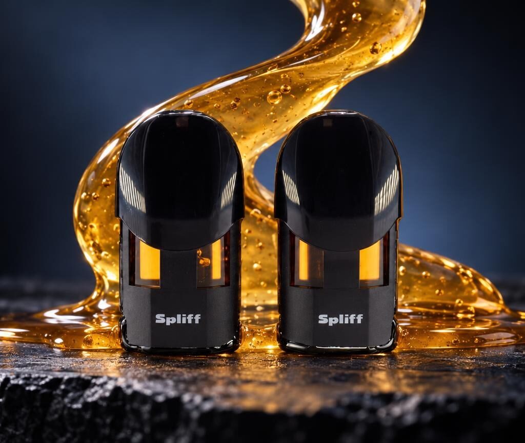Two black Magic Pod Live Rosin cartridges with golden liquid inside, surrounded by flowing amber resin on dark surface