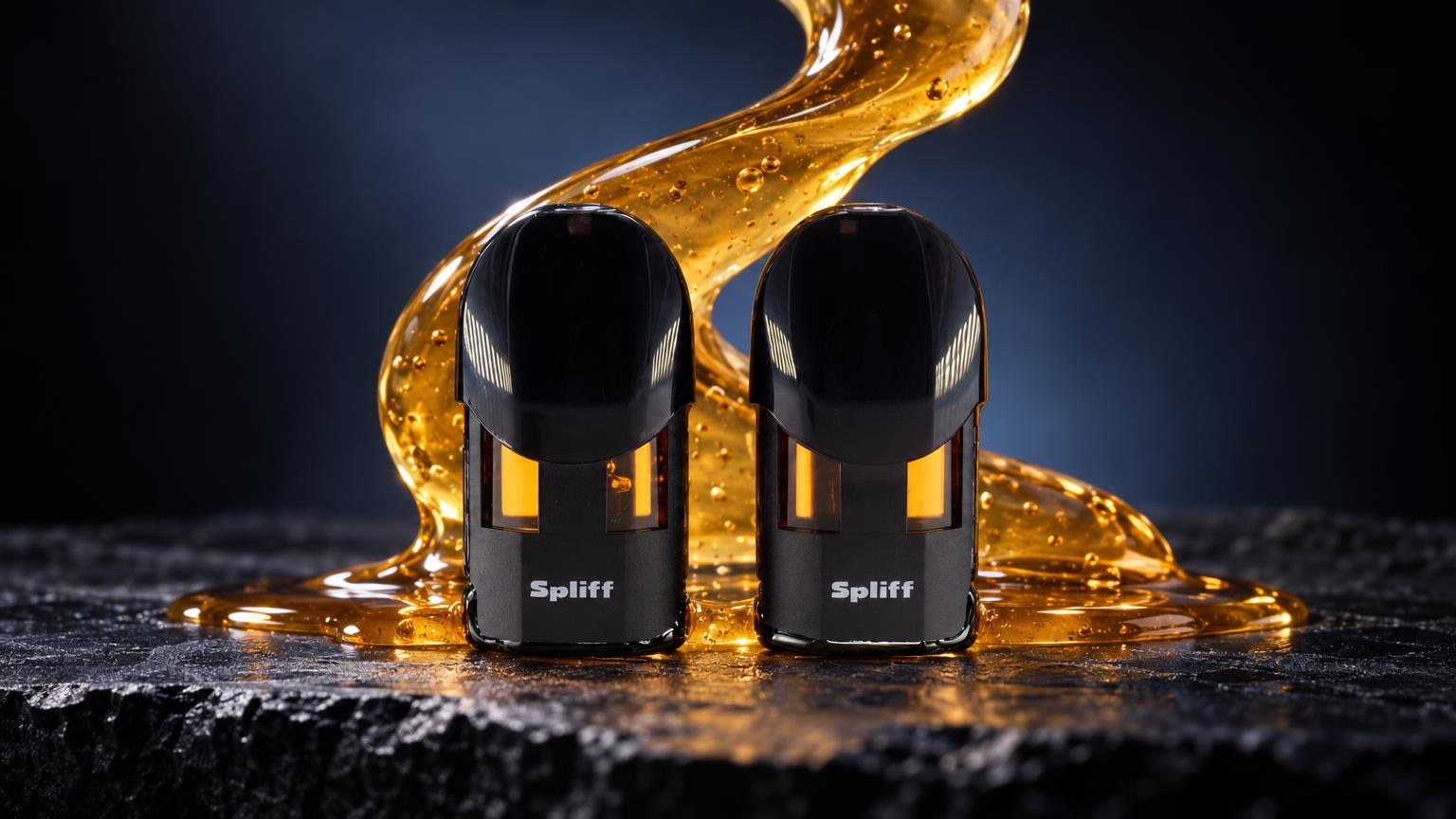 Two black Magic Pod Live Rosin cartridges with golden liquid inside, surrounded by flowing amber resin on dark surface