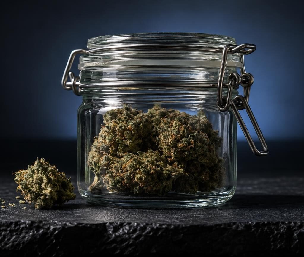 Glass jar with airtight clasp containing dried cannabis buds, demonstrating proper storage for Does Weed Expire preservation