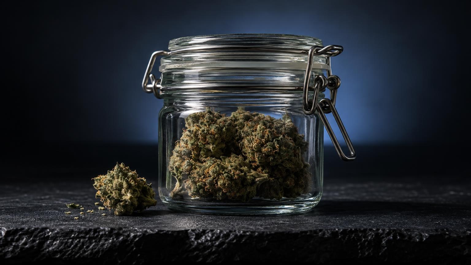 Glass jar with airtight clasp containing dried cannabis buds, demonstrating proper storage for Does Weed Expire preservation