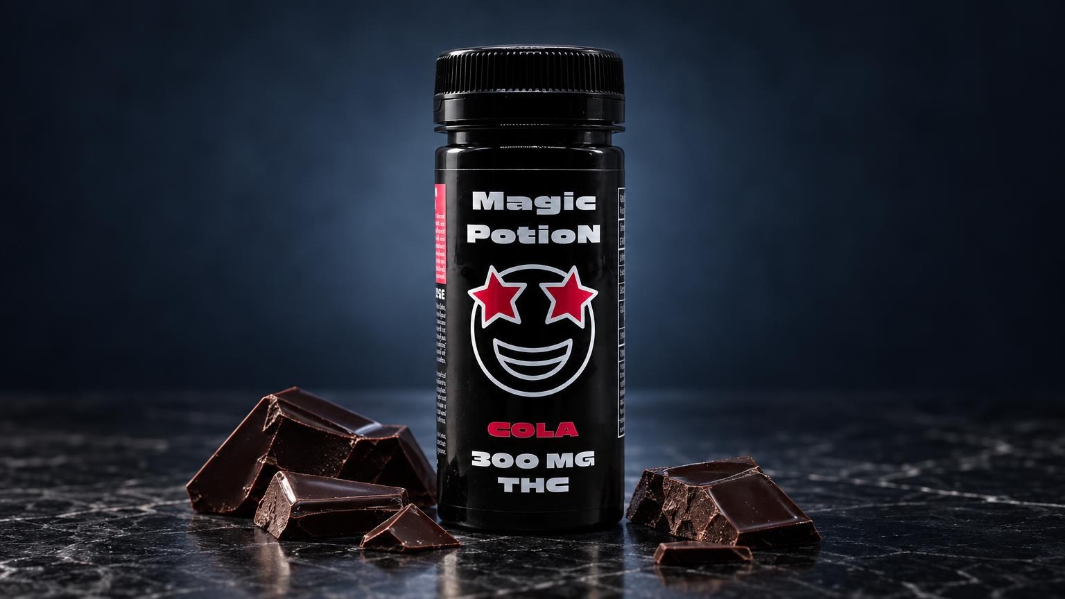 Black bottle labeled Magic Potion with smiley face logo and chocolate pieces beside it, representing Edible mg products