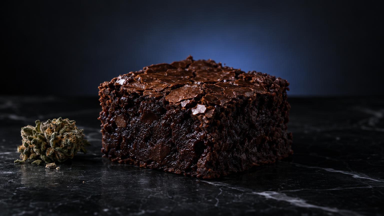Rich chocolate cake slice next to cannabis flower on dark surface, illustrating Edibles in various formats