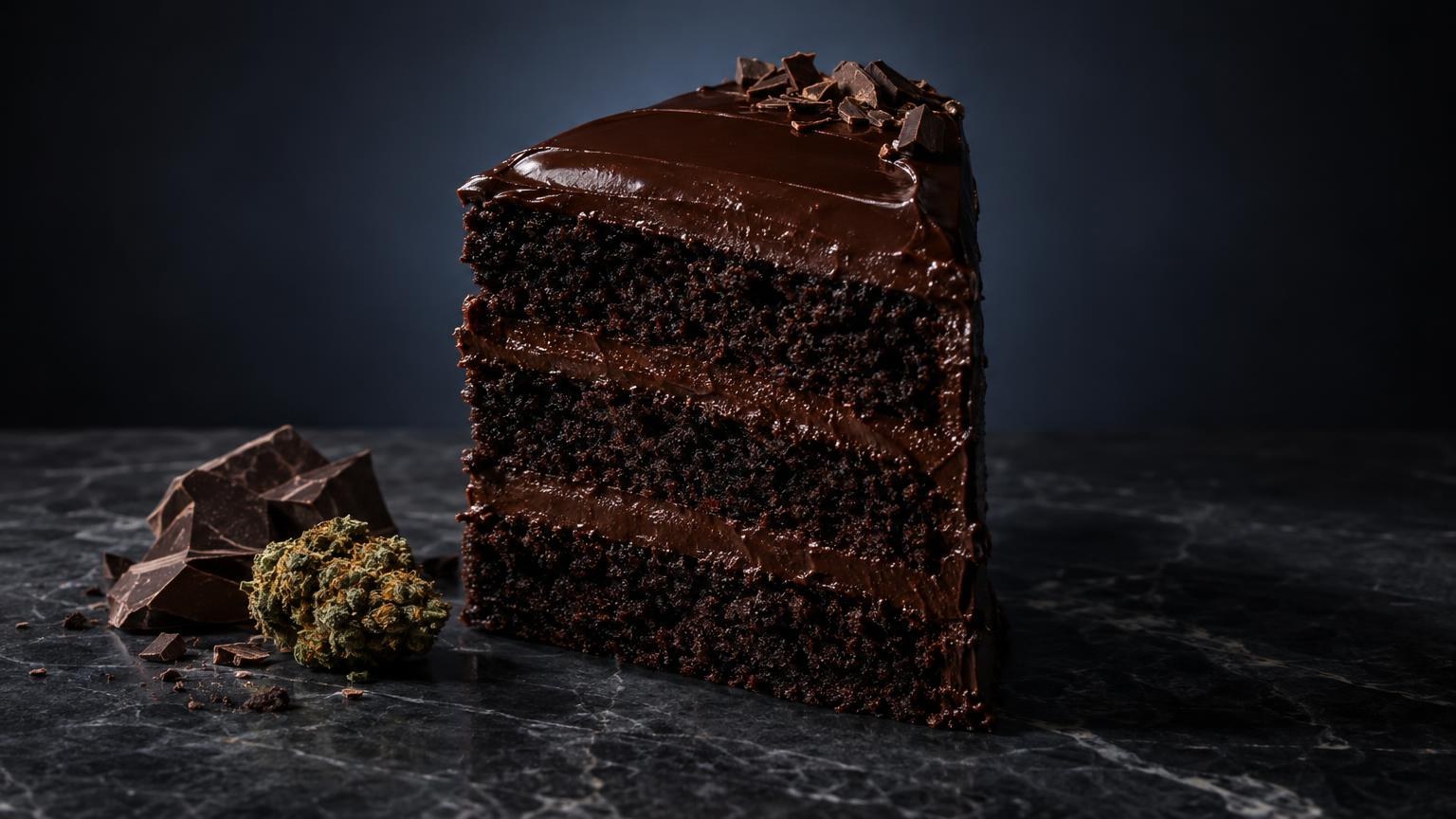 Edibles for Sale: thick slice of layered chocolate cake with ganache topping on dark marble surface