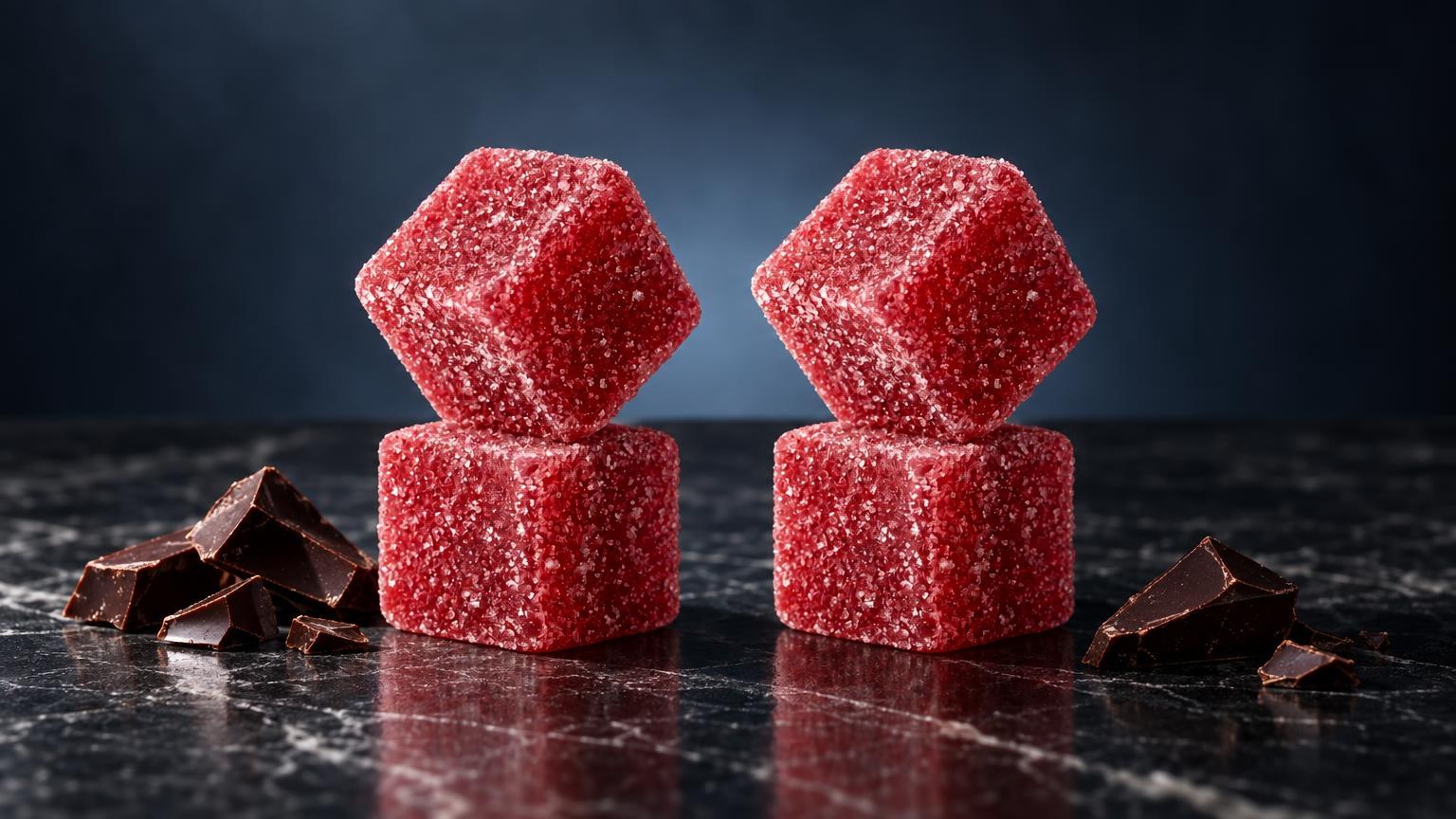 Two stacked red sugar-coated cube gummies next to dark chocolate chunks on black surface, Edibles for Sale