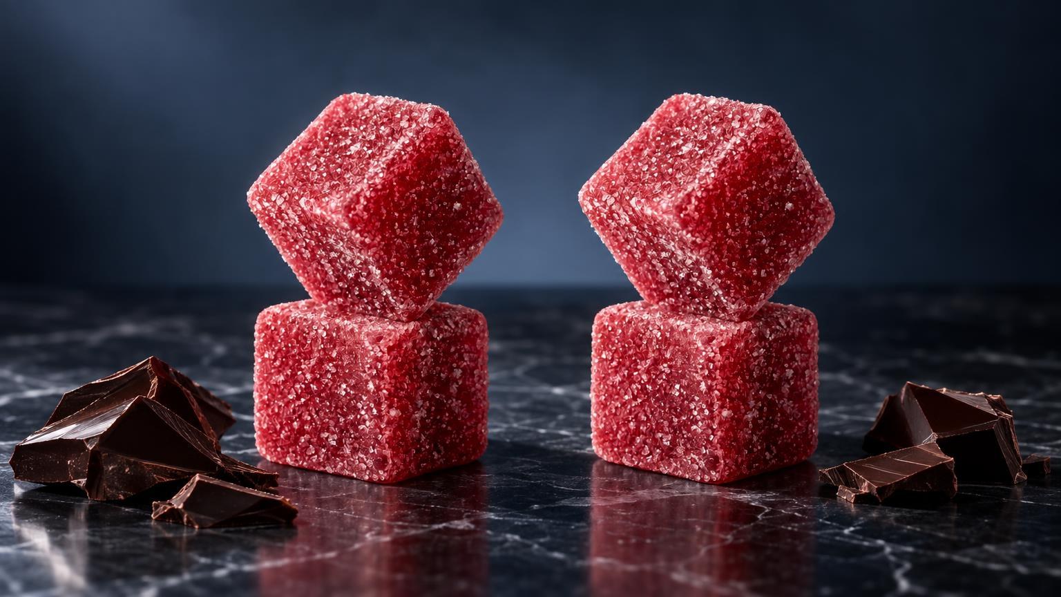Two stacked pink sugar-coated cube candies with chocolate pieces, representing Edibles Sweets candy products