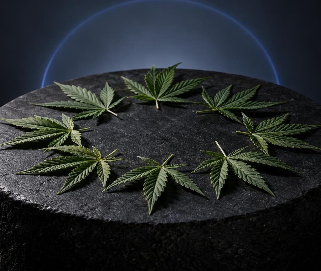 Cannabis leaves arranged in a circle on a dark stone surface with blue light, representing Effects of CBD research