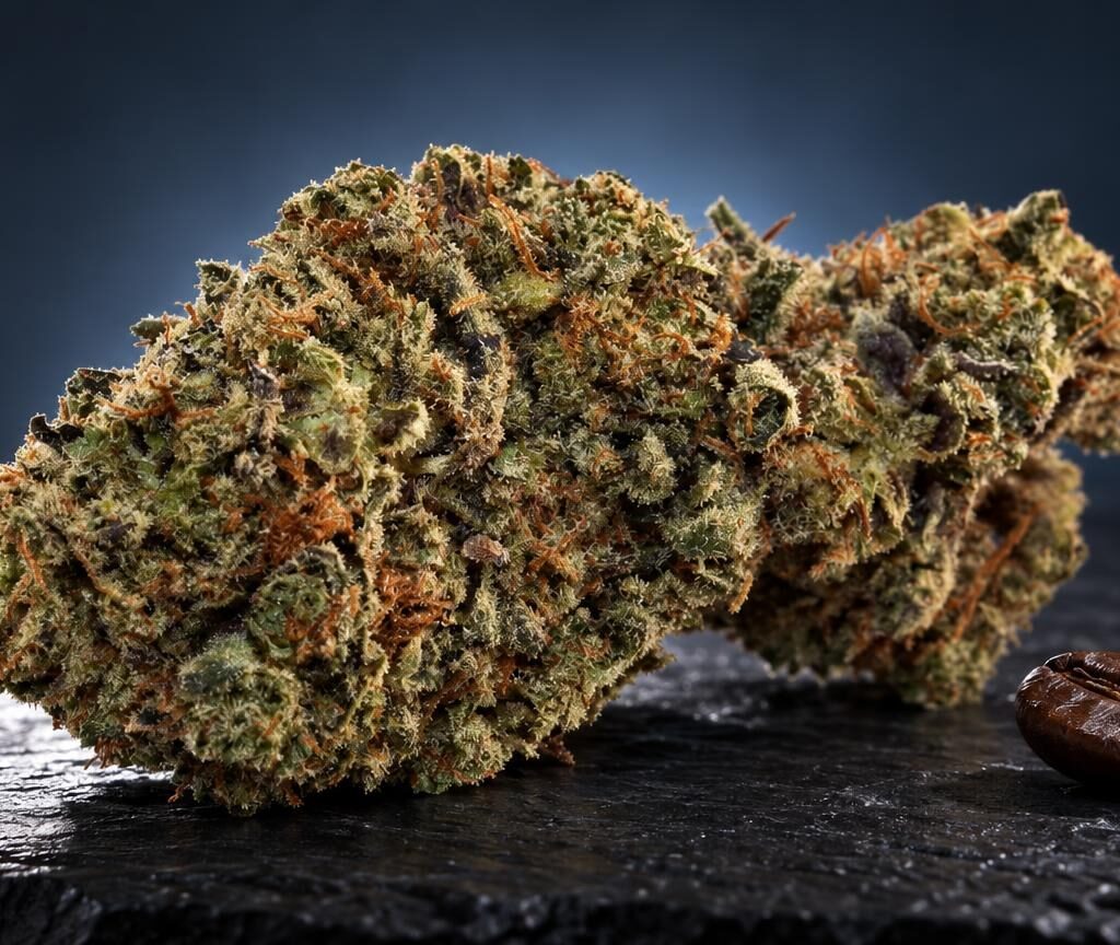 Pink Panther cannabis buds with dense green and brown trichomes on dark surface