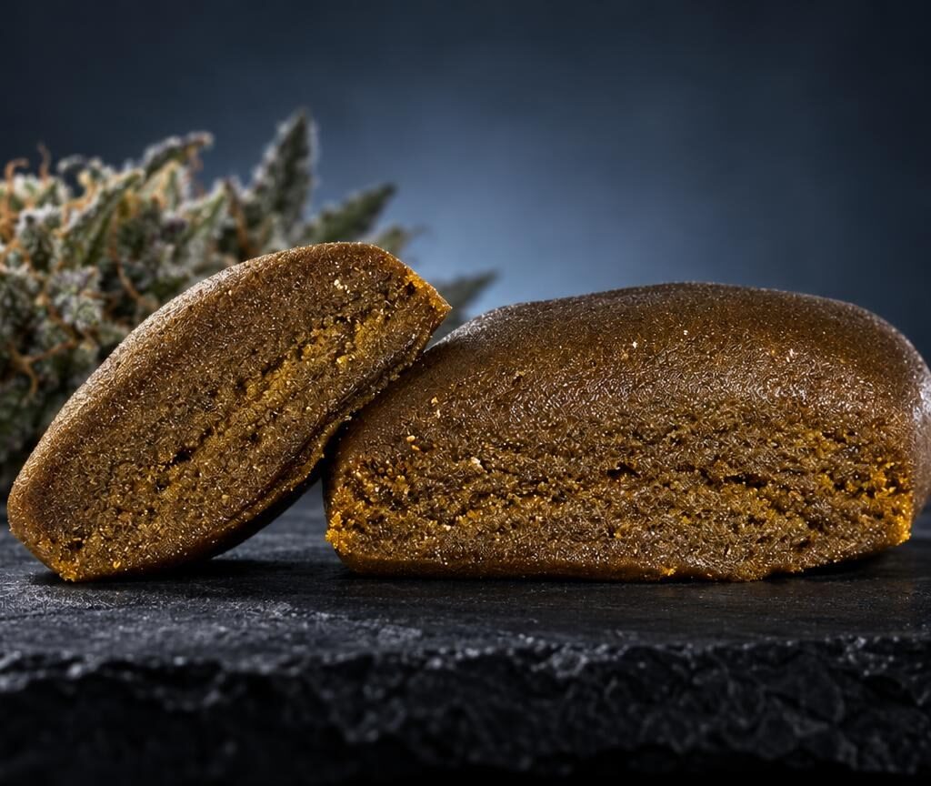 Frozen Hash: golden-brown Piatella Hash with grainy texture beside cannabis flower buds on dark surface
