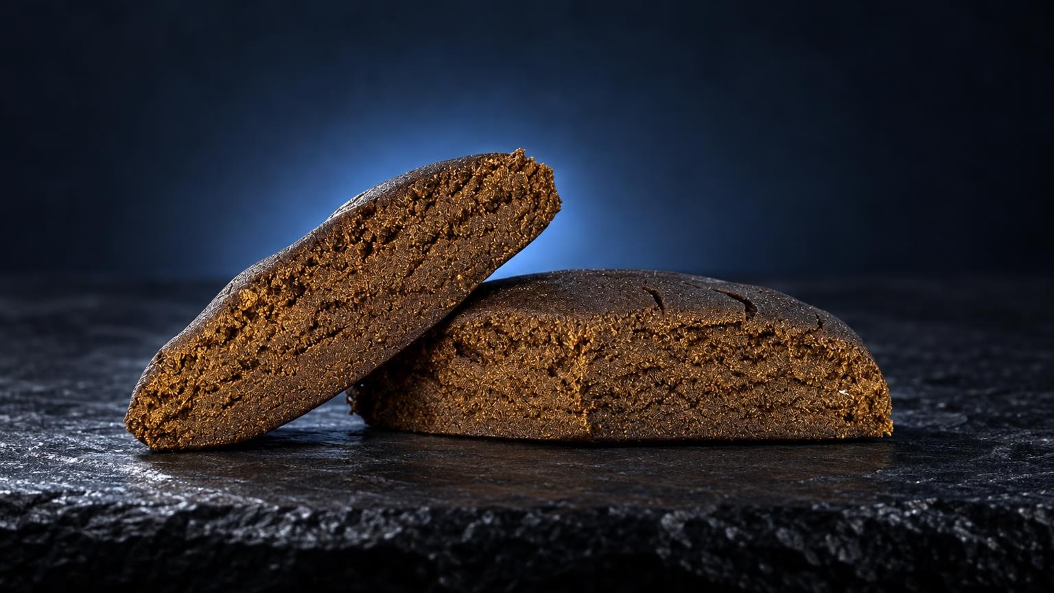 Two brown, crumbly hash blocks with grainy texture on dark surface, introducing frozen hash processing methods