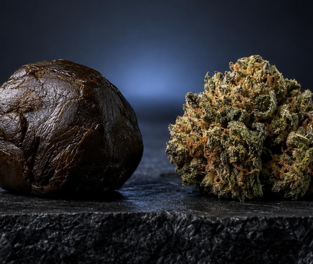 Compressed dark hash ball next to green dried flower buds, illustrating Hash vs Weed High Difference