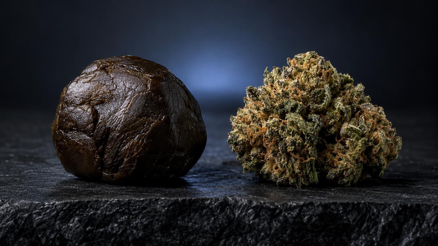 Compressed dark hash ball next to green dried flower buds, illustrating Hash vs Weed High Difference