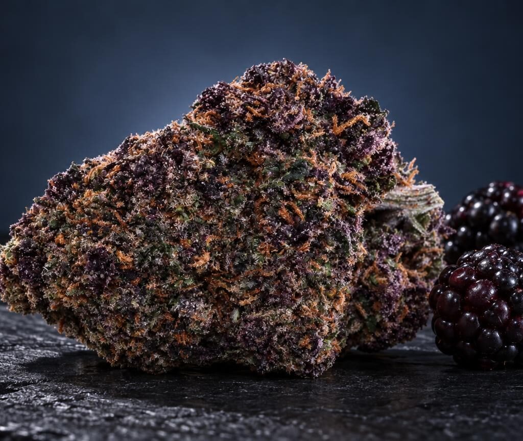 Dense cannabis flower bud with purple and brown hues next to dark berries, displayed on dark surface
