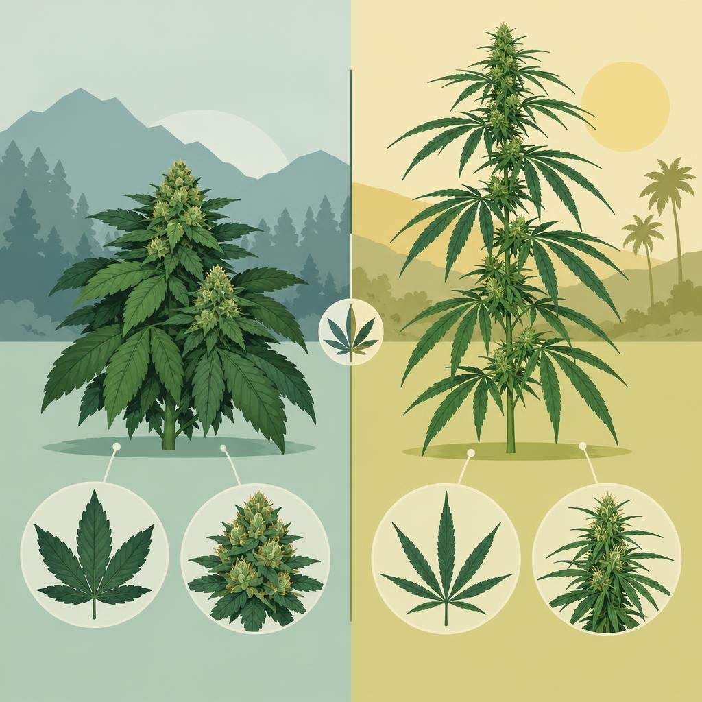 Indica or Sativa: flat drawing with plant motifs. What's the actual difference between indica and sativa?